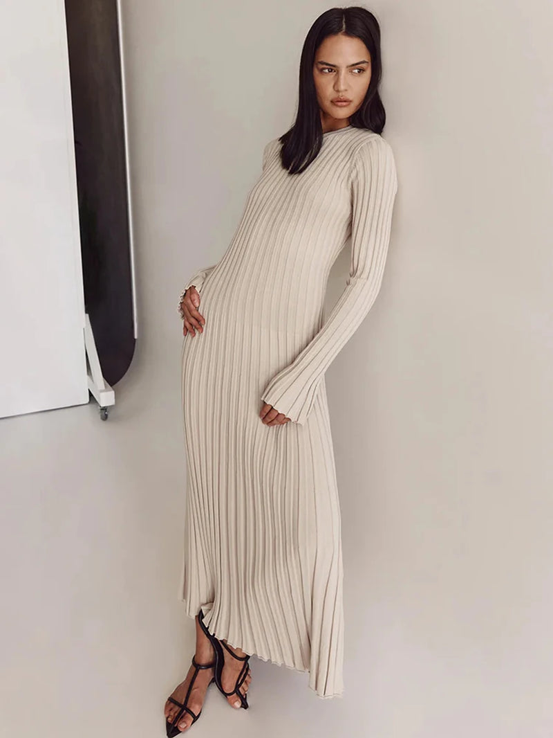 Lace-Up Female Knit Maxi Dress Autumn High Waist Fashion Patchwork Long Sleeve Loose Solid Dress Bandage Knitwear Dress