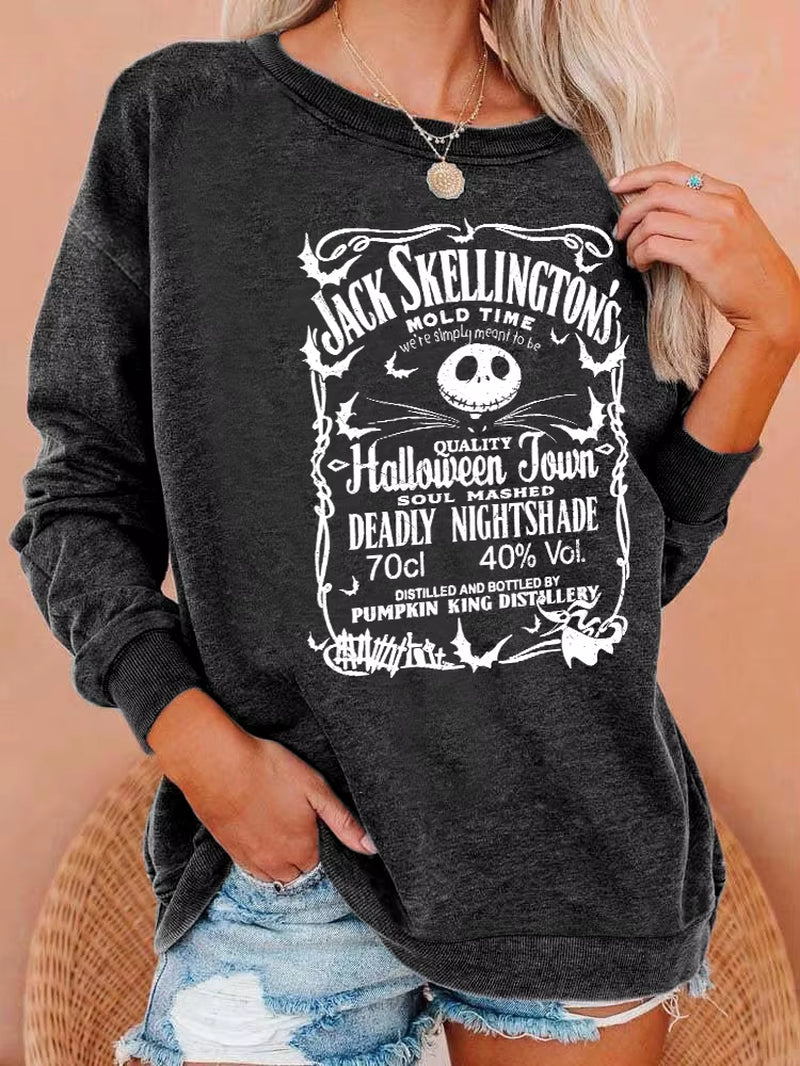 Halloween Print Washed Sweatshirt, Crew Neck Casual Washed Sweatshirt for Winter & Fall, Women'S Clothing